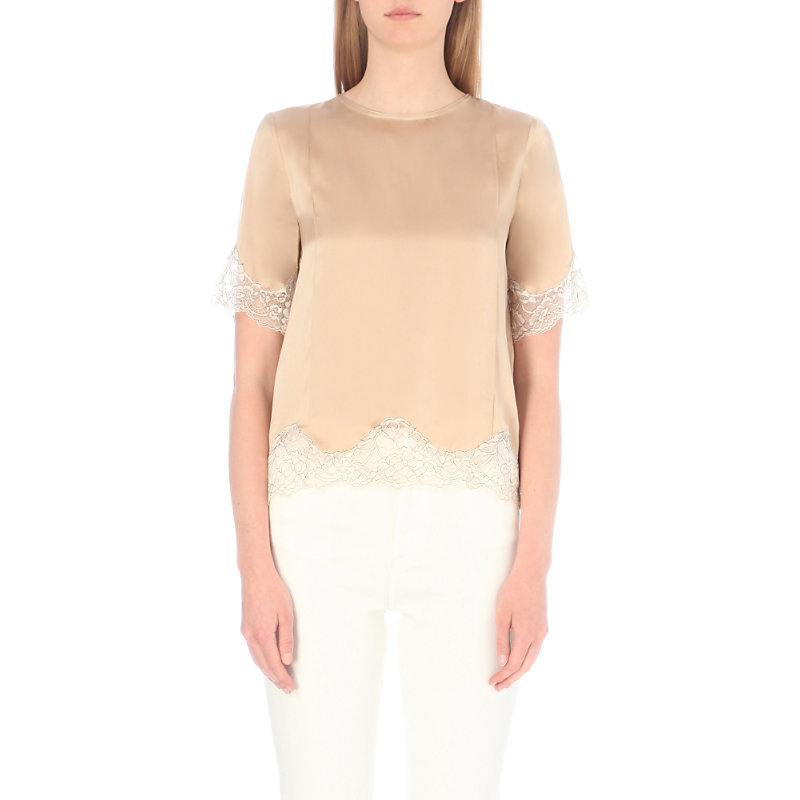 Twiggy Silk Top, Women's, Size: Large, Beige - pattern: plain; secondary colour: white; predominant colour: nude; occasions: casual; length: standard; style: top; fibres: silk - 100%; fit: straight cut; neckline: crew; sleeve length: half sleeve; sleeve style: standard; texture group: silky - light; pattern type: fabric; embellishment: lace; multicoloured: multicoloured; season: a/w 2016; wardrobe: highlight