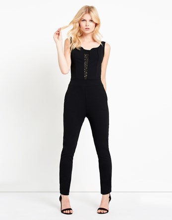 Lace Panelling Jumpsuit - length: standard; fit: tight; pattern: plain; sleeve style: sleeveless; predominant colour: black; occasions: evening; neckline: scoop; fibres: polyester/polyamide - stretch; sleeve length: sleeveless; texture group: jersey - clingy; style: jumpsuit; pattern type: fabric; embellishment: lace; season: a/w 2016; wardrobe: event