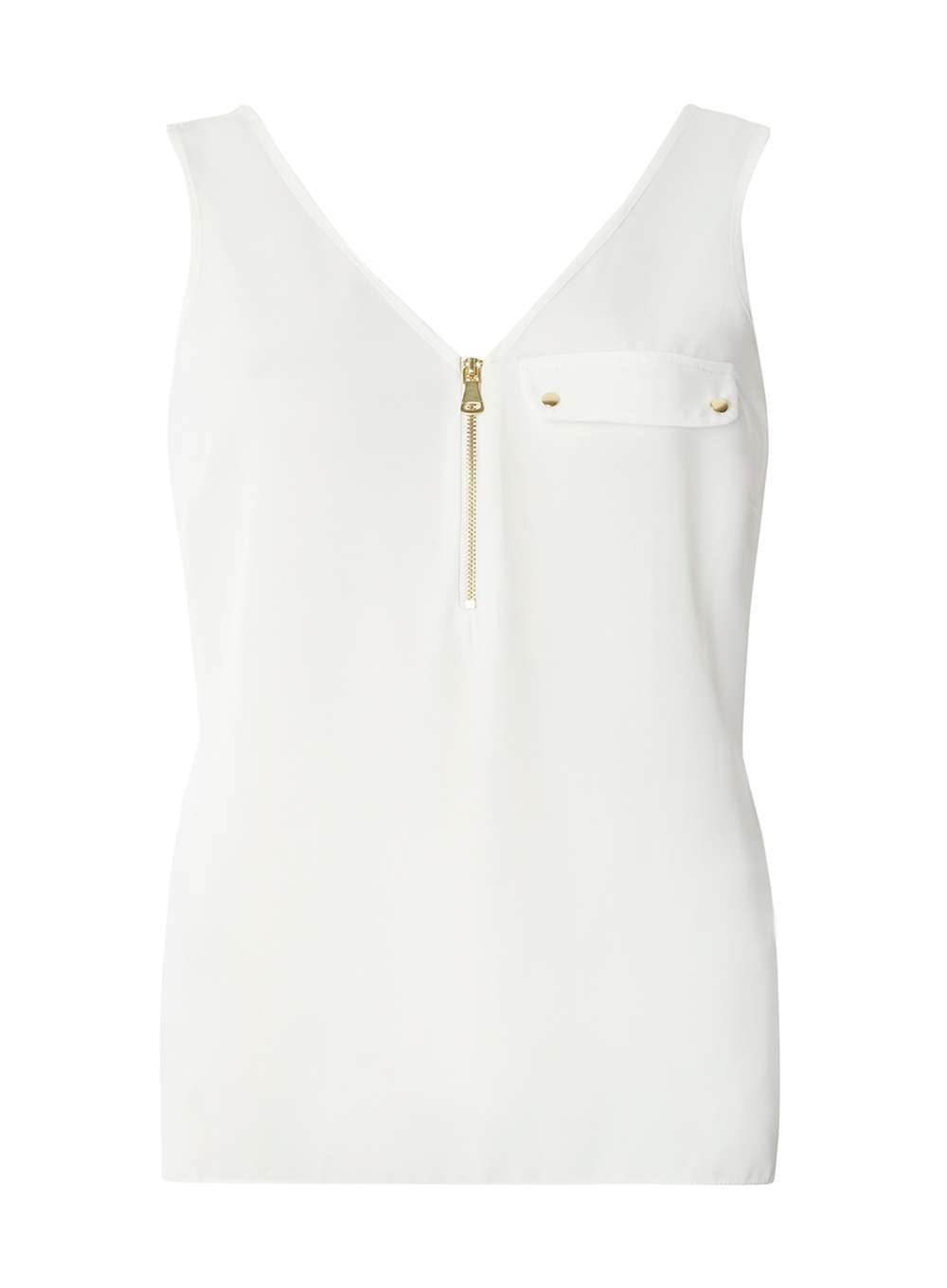 Womens White Front Zip Vest White - neckline: v-neck; pattern: plain; sleeve style: sleeveless; style: vest top; predominant colour: white; occasions: casual; length: standard; fibres: polyester/polyamide - 100%; fit: body skimming; sleeve length: sleeveless; texture group: sheer fabrics/chiffon/organza etc.; pattern type: fabric; wardrobe: basic; season: a/w 2016; embellishment location: bust