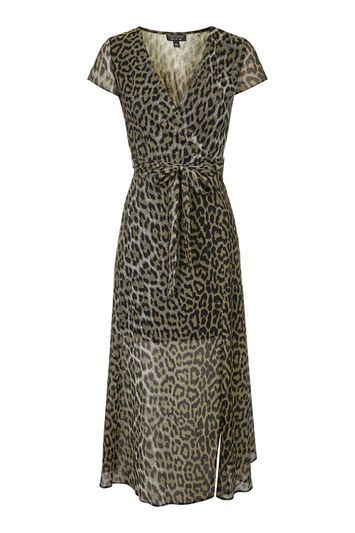 Petite Leopard Wrap Midi Dress - style: faux wrap/wrap; neckline: v-neck; sleeve style: capped; fit: fitted at waist; length: ankle length; waist detail: belted waist/tie at waist/drawstring; predominant colour: mid grey; secondary colour: black; occasions: casual, evening, creative work; fibres: polyester/polyamide - 100%; sleeve length: short sleeve; texture group: sheer fabrics/chiffon/organza etc.; pattern type: fabric; pattern: animal print; multicoloured: multicoloured; trends: pretty girl; season: a/w 2016; wardrobe: highlight