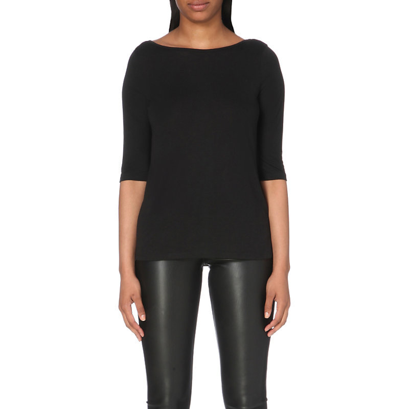 Tape Cutout Jersey Top, Women's, Size: Small, Noir - neckline: slash/boat neckline; pattern: plain; style: t-shirt; predominant colour: black; occasions: casual, creative work; length: standard; fibres: cotton - stretch; fit: body skimming; sleeve length: 3/4 length; sleeve style: standard; texture group: jersey - clingy; pattern type: fabric; wardrobe: basic; season: a/w 2016