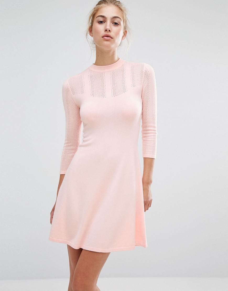 Pointelle Knit Skater Dress Nude/Camel - length: mid thigh; pattern: plain; predominant colour: blush; occasions: casual; fit: fitted at waist & bust; style: fit & flare; fibres: viscose/rayon - stretch; neckline: crew; sleeve length: 3/4 length; sleeve style: standard; pattern type: fabric; texture group: jersey - stretchy/drapey; wardrobe: basic; season: a/w 2016