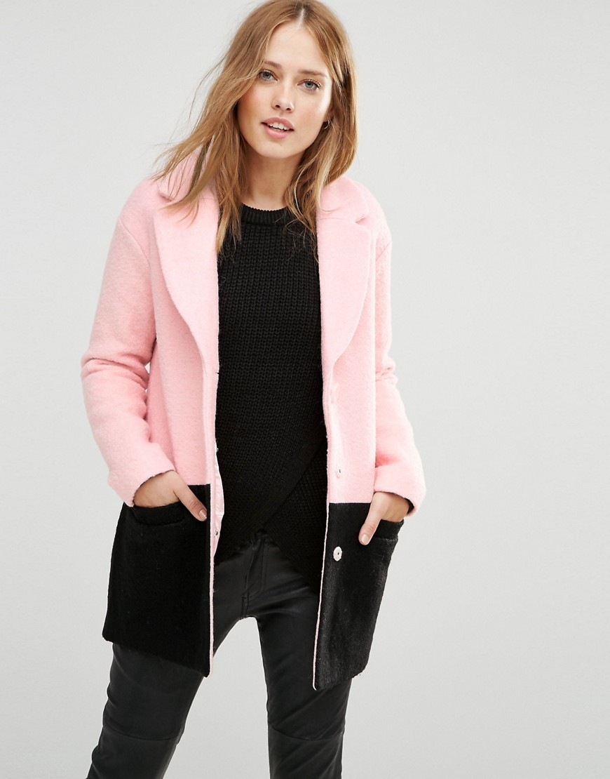 Colour Block Coat Pink /Black - length: standard; collar: wide lapels; style: single breasted; predominant colour: blush; secondary colour: black; occasions: casual, creative work; fit: straight cut (boxy); fibres: wool - mix; sleeve length: long sleeve; sleeve style: standard; collar break: medium; pattern type: fabric; pattern size: light/subtle; pattern: colourblock; texture group: woven bulky/heavy; season: a/w 2016; wardrobe: highlight