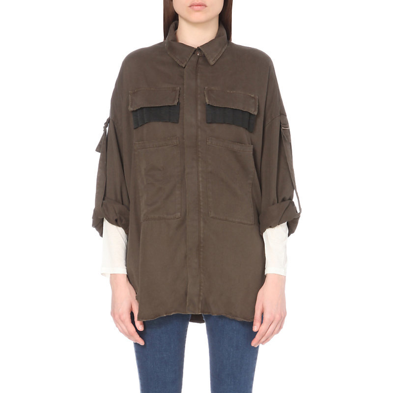 Buckled Woven Jacket, Women's, Size: Large, Green - pattern: plain; style: single breasted blazer; fit: loose; length: below the bottom; predominant colour: chocolate brown; occasions: casual, creative work; fibres: viscose/rayon - 100%; collar: shirt collar/peter pan/zip with opening; sleeve length: 3/4 length; sleeve style: standard; collar break: high; pattern type: fabric; texture group: woven light midweight; wardrobe: basic; season: a/w 2016
