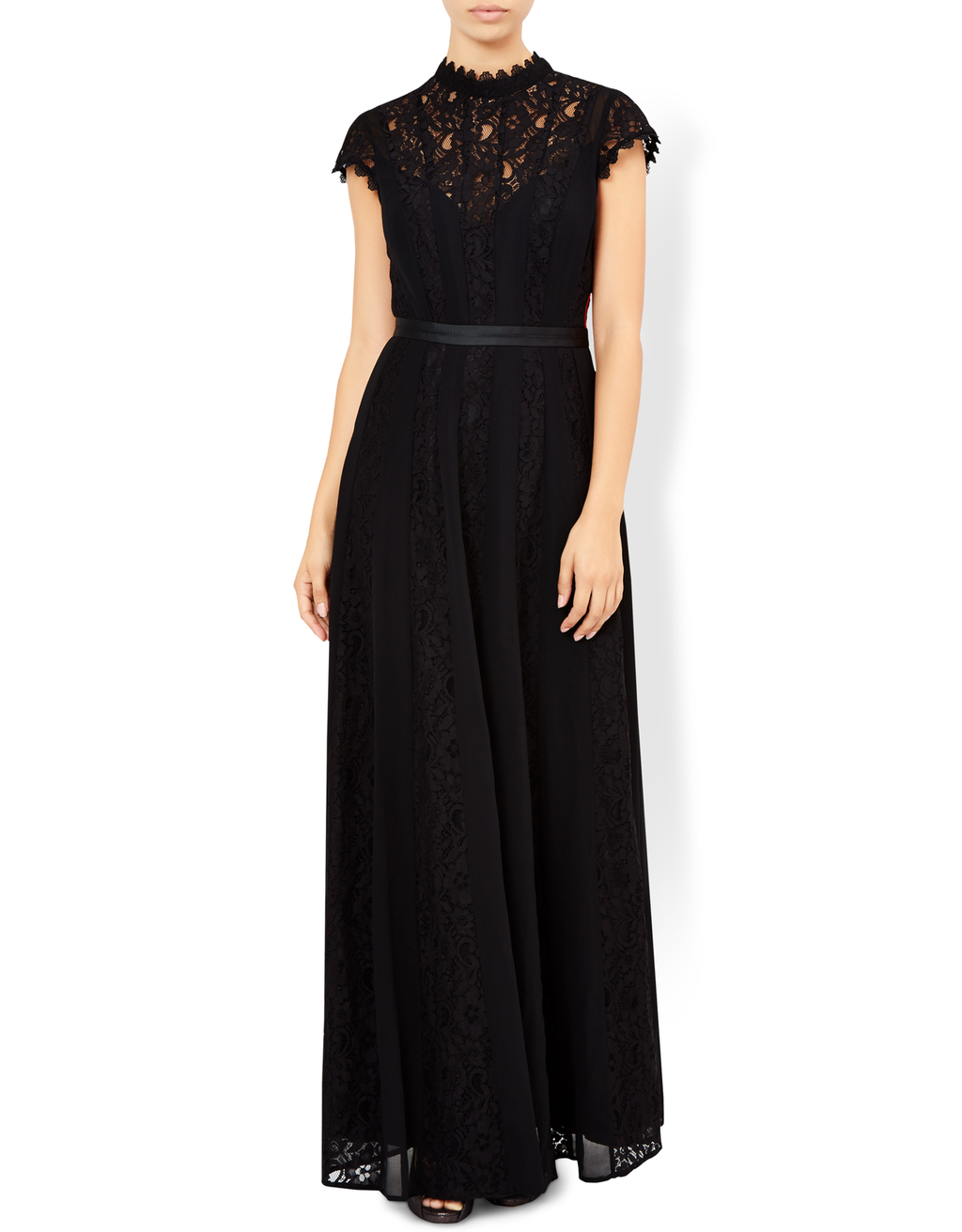 Roxana Maxi Dress - sleeve style: capped; pattern: plain; style: maxi dress; neckline: high neck; predominant colour: black; length: floor length; fit: soft a-line; fibres: polyester/polyamide - 100%; occasions: occasion; sleeve length: short sleeve; texture group: sheer fabrics/chiffon/organza etc.; pattern type: fabric; embellishment: lace; shoulder detail: sheer at shoulder; season: a/w 2016; wardrobe: event; embellishment location: top