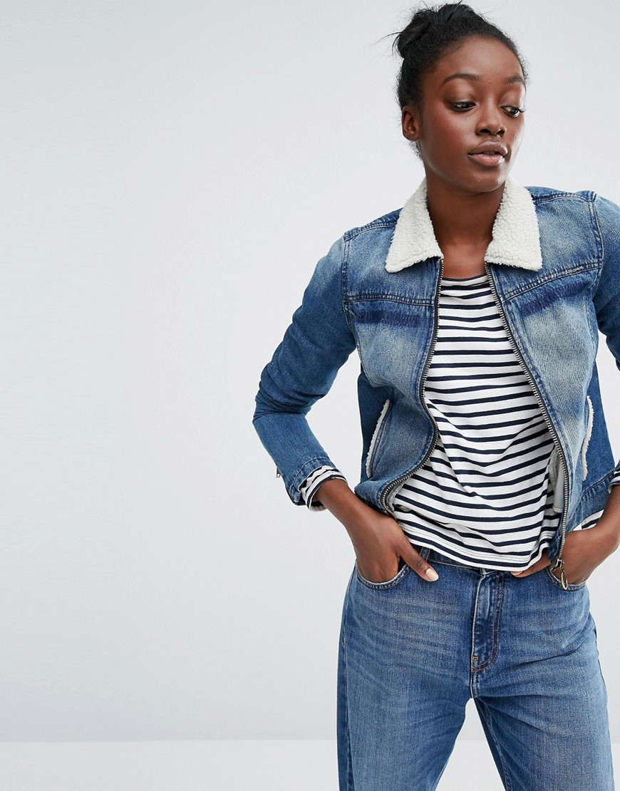 Retro Denim Jacket With Faux Shearling Collar And Borg Linning Medium Wash - pattern: plain; style: denim; predominant colour: denim; occasions: casual, creative work; length: standard; fit: tailored/fitted; fibres: cotton - 100%; collar: shirt collar/peter pan/zip with opening; sleeve length: long sleeve; sleeve style: standard; texture group: denim; collar break: high; pattern type: fabric; pattern size: standard; wardrobe: basic; season: a/w 2016
