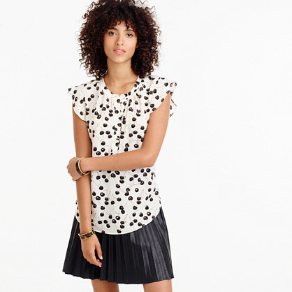 Flutter Sleeve Top In Cherry Print - sleeve style: capped; predominant colour: white; secondary colour: black; occasions: casual; length: standard; style: top; fibres: silk - 100%; fit: body skimming; neckline: crew; sleeve length: short sleeve; texture group: structured shiny - satin/tafetta/silk etc.; pattern type: fabric; pattern: patterned/print; multicoloured: multicoloured; season: a/w 2016; wardrobe: highlight