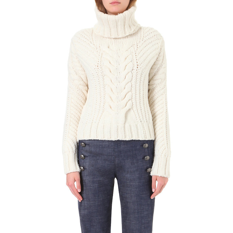 X Gigi Hadid Cable Knit Jumper, Women's, Size: Xs, Snow White - neckline: roll neck; style: standard; pattern: cable knit; predominant colour: white; occasions: casual, creative work; length: standard; fibres: nylon - mix; fit: standard fit; sleeve length: long sleeve; sleeve style: standard; texture group: knits/crochet; pattern type: knitted - other; pattern size: standard; season: a/w 2016; wardrobe: highlight