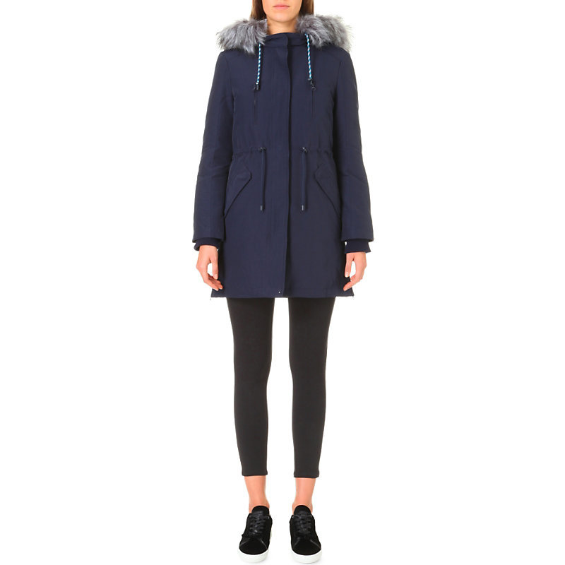 Granite Shell Parka Coat, Women's, Dark Blue/Gold - pattern: plain; collar: funnel; fit: loose; style: parka; back detail: hood; length: mid thigh; predominant colour: navy; occasions: casual; fibres: cotton - mix; sleeve length: long sleeve; sleeve style: standard; texture group: technical outdoor fabrics; collar break: high; pattern type: fabric; embellishment: fur; season: a/w 2016; wardrobe: highlight; embellishment location: neck