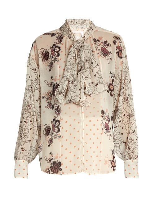 Tie Neck Multi Floral Print Blouse - neckline: pussy bow; style: blouse; predominant colour: ivory/cream; secondary colour: mid grey; occasions: work, occasion, creative work; length: standard; fibres: polyester/polyamide - 100%; fit: body skimming; sleeve length: long sleeve; sleeve style: standard; pattern type: fabric; pattern: florals; texture group: other - light to midweight; pattern size: big & busy (top); season: a/w 2016; wardrobe: highlight