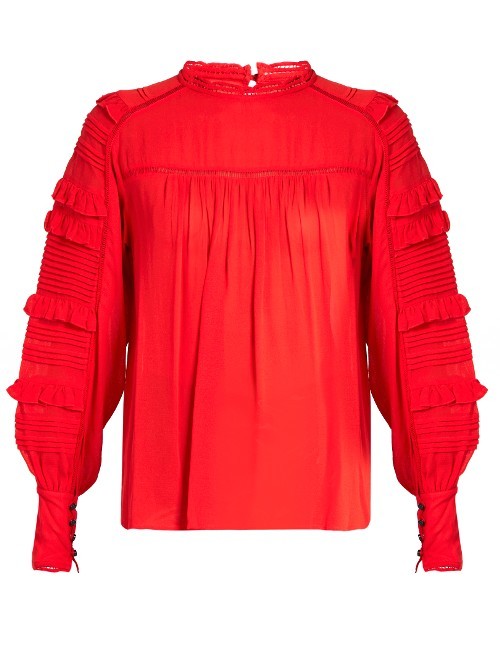 Qimper Silk Blend And Lace Blouse - pattern: plain; neckline: high neck; style: blouse; sleeve style: leg o mutton; predominant colour: true red; occasions: work, creative work; length: standard; fibres: silk - mix; fit: straight cut; sleeve length: long sleeve; texture group: silky - light; pattern type: fabric; season: a/w 2016; wardrobe: highlight