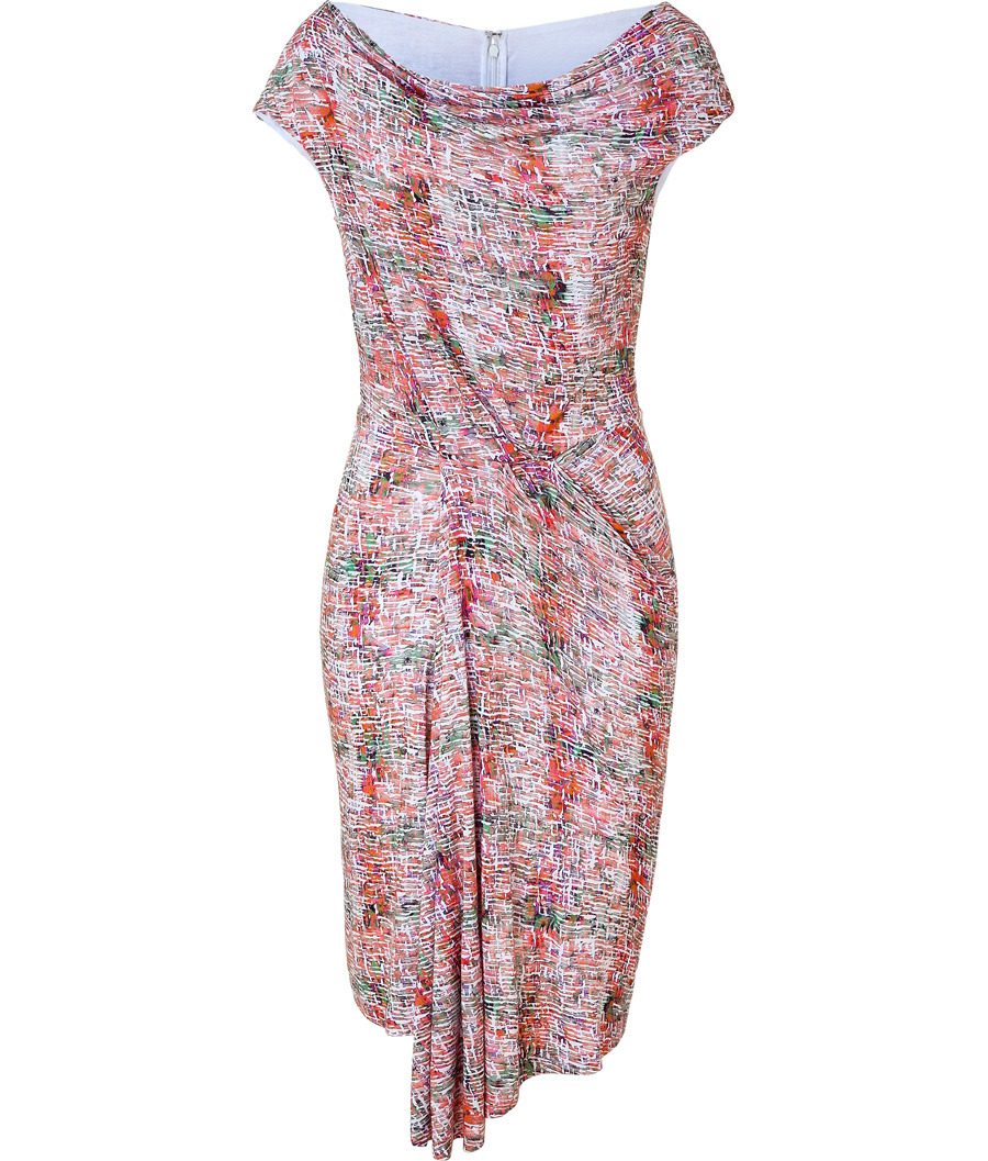 Coral And Olive Shibori Print Dress - style: shift; sleeve style: capped; pattern: small scaled pattern, print, patterned/print; waist detail: fitted waist, twist front waist detail/nipped in at waist on one side/soft pleats/draping/ruching/gathering waist detail; hip detail: fitted at hip, soft pleats at hip/draping at hip/flared at hip; bust detail: ruching/gathering/draping/layers/pintuck pleats at bust; predominant colour: pink; occasions: casual; length: just above the knee; fit: body skimming; neckline: scoop; fibres: polyester/polyamide - stretch; material texture: jersey; trends: prints; sleeve length: short sleeve; pattern type: fabric; pattern size: small & busy; texture group: jersey - stretchy/drapey