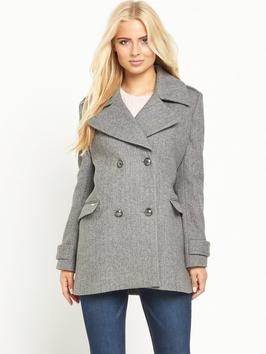 Classic Peacoat Grey Herringbone - pattern: plain; length: below the bottom; style: double breasted; collar: standard lapel/rever collar; predominant colour: light grey; occasions: casual, creative work; fit: straight cut (boxy); fibres: wool - mix; sleeve length: long sleeve; sleeve style: standard; collar break: medium; pattern type: fabric; texture group: woven bulky/heavy; wardrobe: basic; season: a/w 2016