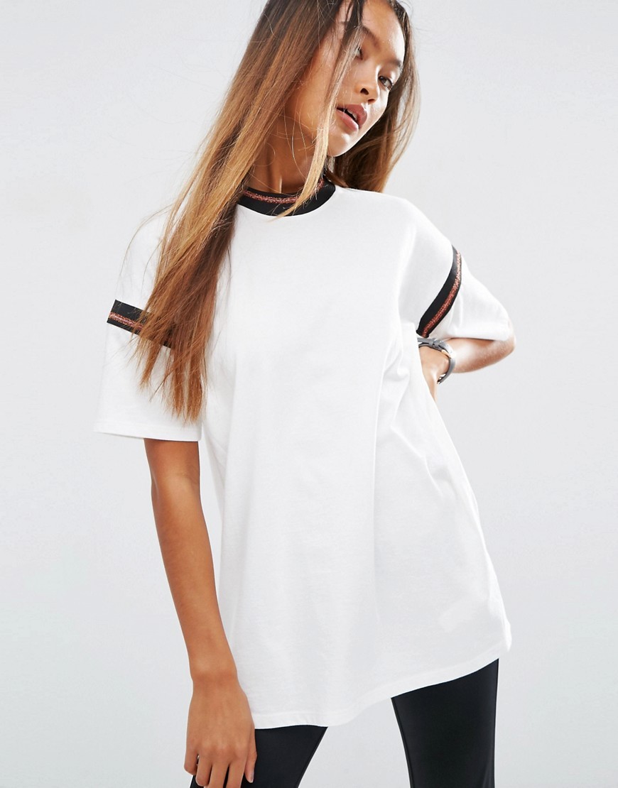 T Shirt With Sparkly Stripe Insert Cream - neckline: high neck; pattern: striped; length: below the bottom; style: t-shirt; predominant colour: white; secondary colour: black; occasions: casual; fibres: cotton - 100%; fit: loose; sleeve length: short sleeve; sleeve style: standard; pattern type: fabric; pattern size: standard; texture group: jersey - stretchy/drapey; embellishment: glitter; multicoloured: multicoloured; season: a/w 2016; wardrobe: highlight