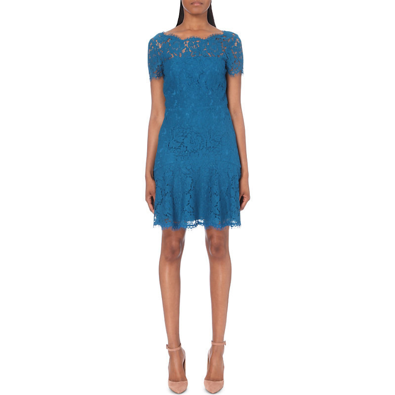 Fifi Cotton Blend Dess, Women's, Peacock - style: shift; neckline: round neck; pattern: plain; predominant colour: turquoise; occasions: evening; length: just above the knee; fit: body skimming; fibres: cotton - mix; sleeve length: short sleeve; sleeve style: standard; texture group: lace; pattern type: fabric; pattern size: standard; season: a/w 2016; wardrobe: event