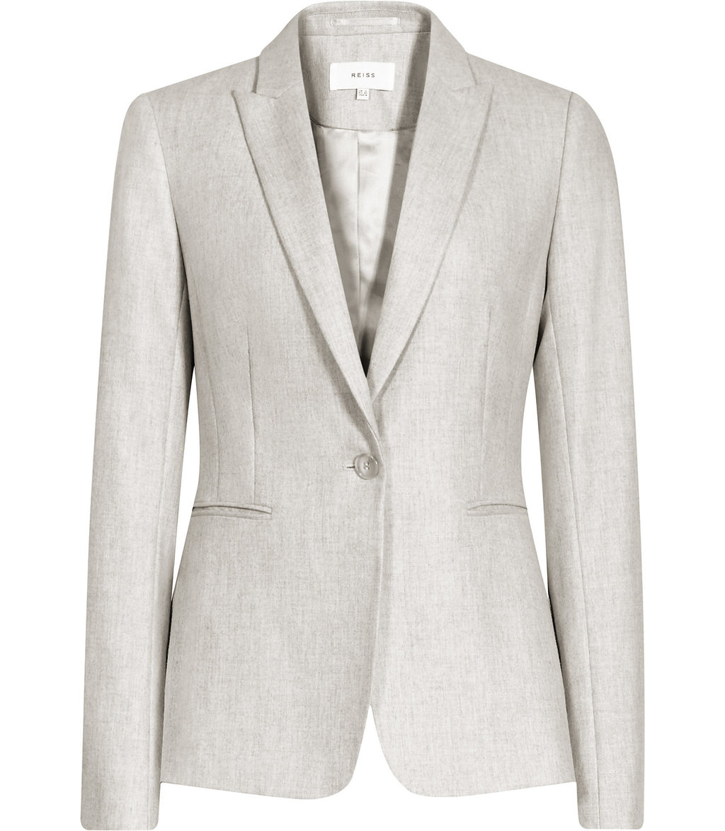 Connelly Jacket Womens Tailored Blazer In Grey - pattern: plain; style: single breasted blazer; collar: standard lapel/rever collar; hip detail: draws attention to hips; predominant colour: light grey; occasions: work; length: standard; fit: tailored/fitted; fibres: wool - 100%; sleeve length: long sleeve; sleeve style: standard; collar break: medium; pattern type: fabric; texture group: woven light midweight; wardrobe: investment; season: a/w 2016