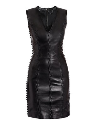 Leather Dress - neckline: low v-neck; sleeve style: sleeveless; style: bodycon; waist detail: fitted waist; hip detail: fitted at hip; predominant colour: black; occasions: evening; length: just above the knee; fit: body skimming; trends: evening wear; fibres: leather - 100%; material texture: lace; sleeve length: sleeveless; texture group: lace
