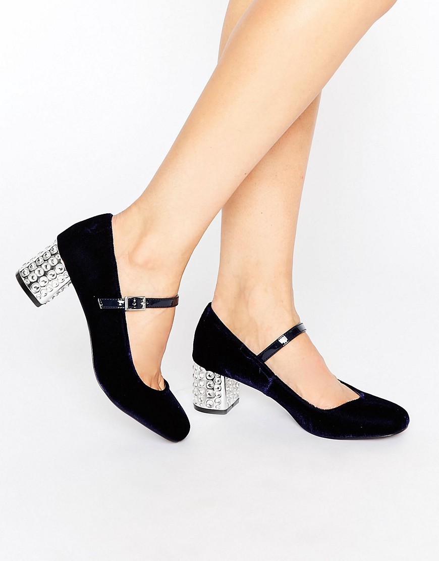 Greatest Mary Jane Embellished Mid Heeled Shoes Blue Velvet - predominant colour: navy; material: velvet; heel height: mid; embellishment: crystals/glass; heel: block; toe: round toe; style: mary janes; finish: plain; pattern: plain; occasions: creative work; season: a/w 2016; wardrobe: highlight