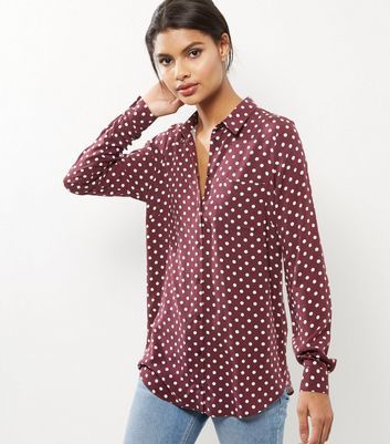 Red Spot Print Longline Shirt - neckline: shirt collar/peter pan/zip with opening; style: shirt; pattern: polka dot; secondary colour: white; predominant colour: burgundy; occasions: casual; length: standard; fibres: viscose/rayon - 100%; fit: body skimming; sleeve length: long sleeve; sleeve style: standard; pattern type: fabric; texture group: jersey - stretchy/drapey; multicoloured: multicoloured; season: a/w 2016; wardrobe: highlight