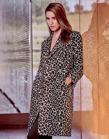 Leopard Print Coat - style: single breasted; length: on the knee; collar: standard lapel/rever collar; predominant colour: ivory/cream; secondary colour: charcoal; occasions: casual; fit: tailored/fitted; sleeve length: long sleeve; sleeve style: standard; collar break: medium; pattern type: fabric; pattern size: standard; pattern: animal print; texture group: woven bulky/heavy; fibres: viscose/rayon - mix; multicoloured: multicoloured; season: a/w 2016; wardrobe: highlight