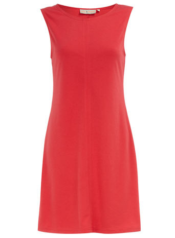 Coral Shift Dress - style: shift; length: mid thigh; neckline: round neck; pattern: plain; sleeve style: sleeveless; waist detail: fitted waist; predominant colour: coral; occasions: casual, work; fit: soft a-line; trends: sixties; fibres: polyester/polyamide - stretch; material texture: jersey; sleeve length: sleeveless; pattern type: fabric; pattern size: standard; texture group: jersey - stretchy/drapey