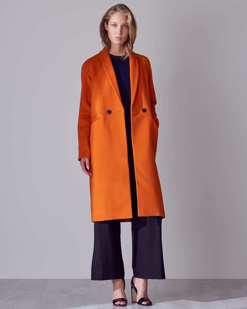 Grace Slim Coat - pattern: plain; collar: shawl/waterfall; style: double breasted; length: on the knee; predominant colour: bright orange; occasions: casual, creative work; fit: straight cut (boxy); fibres: wool - mix; sleeve length: long sleeve; sleeve style: standard; collar break: medium; pattern type: fabric; texture group: woven bulky/heavy; season: a/w 2016; wardrobe: highlight