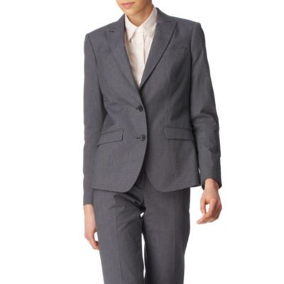 Cotton Blend Blazer - pattern: plain; style: single breasted blazer; shoulder detail: shoulder pads; hip detail: front pockets at hip; collar: standard lapel/rever collar; bust detail: buttons at bust (in middle at breastbone)/zip detail at bust; predominant colour: mid grey; occasions: casual, work; length: standard; fit: tailored/fitted; trends: masculine tailoring; fibres: cotton - mix; sleeve length: long sleeve; sleeve style: standard; collar break: medium; pattern type: fabric; pattern size: standard
