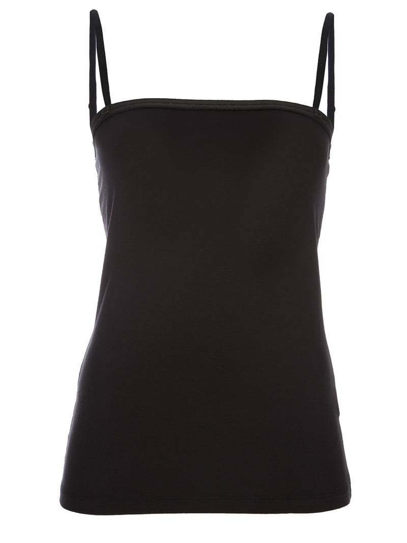 Vest Top - neckline: high square neck; sleeve style: spaghetti straps; pattern: plain; waist detail: fitted waist; style: vest top; back detail: low cut/open back; hip detail: fitted at hip; predominant colour: black; occasions: casual, work; length: standard; fibres: polyester/polyamide - stretch; fit: tight; sleeve length: sleeveless; pattern type: fabric; pattern size: standard