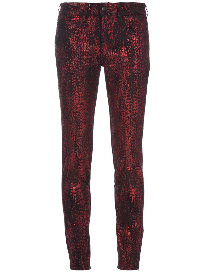 'Bamboo' Jean - style: skinny leg; length: standard; pattern: tie dye, graphic print, patterned/print; pocket detail: traditional 5 pocket; waist: mid/regular rise; predominant colour: burgundy; occasions: casual; trends: red; fibres: cotton - stretch; material texture: denim; texture group: denim; pattern type: fabric; pattern size: standard