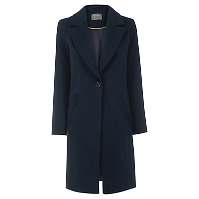Kimberly Car Coat, Navy - pattern: plain; style: single breasted; collar: standard lapel/rever collar; length: calf length; predominant colour: navy; occasions: work, creative work; fit: tailored/fitted; fibres: polyester/polyamide - stretch; sleeve length: long sleeve; sleeve style: standard; collar break: medium; pattern type: fabric; texture group: woven bulky/heavy; wardrobe: investment; season: a/w 2016