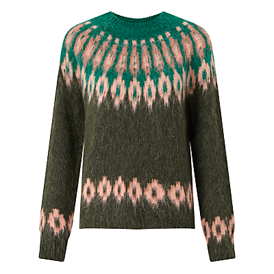 Vaga Fair Isle Jumper - neckline: round neck; style: standard; secondary colour: pink; predominant colour: dark green; occasions: casual, creative work; length: standard; fibres: wool - mix; fit: standard fit; pattern: fairisle; sleeve length: long sleeve; sleeve style: standard; texture group: knits/crochet; pattern type: knitted - other; pattern size: standard; multicoloured: multicoloured; season: a/w 2016; wardrobe: highlight; trends: chunky knits