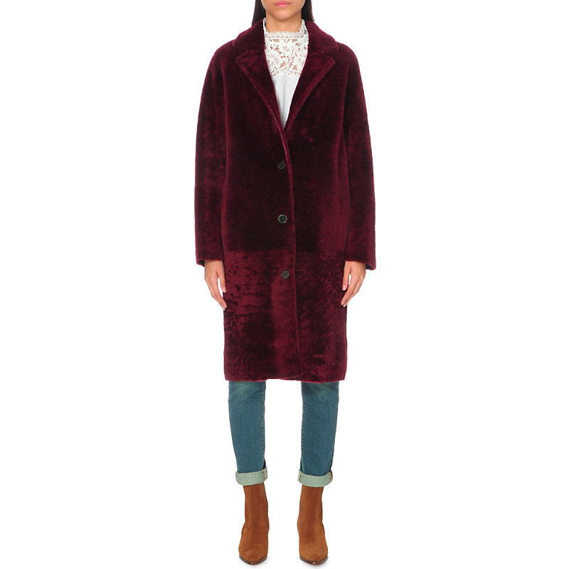 Sticky Sheepskin Coat, Women's, Size: Large, Red - pattern: plain; style: single breasted; length: on the knee; collar: standard lapel/rever collar; predominant colour: burgundy; occasions: casual; fit: tailored/fitted; fibres: sheepskin - 100%; sleeve length: long sleeve; sleeve style: standard; collar break: medium; pattern type: fabric; texture group: sheepskin; season: a/w 2016; wardrobe: highlight
