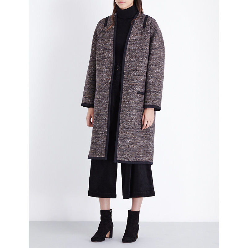 Felivien Laine Tweed Coat, Women's, Brun - pattern: plain; collar: round collar/collarless; style: single breasted; length: on the knee; predominant colour: charcoal; occasions: casual; fit: straight cut (boxy); fibres: wool - mix; sleeve length: long sleeve; sleeve style: standard; collar break: low/open; pattern type: fabric; texture group: tweed - bulky/heavy; wardrobe: basic; season: a/w 2016