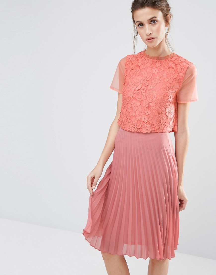 Embellished Sleeve Lace T Shirt Peach - pattern: plain; style: shirt; predominant colour: pink; occasions: evening, occasion; length: standard; fibres: polyester/polyamide - mix; fit: straight cut; neckline: crew; sleeve length: short sleeve; sleeve style: standard; texture group: lace; pattern type: fabric; pattern size: standard; season: a/w 2016; wardrobe: event