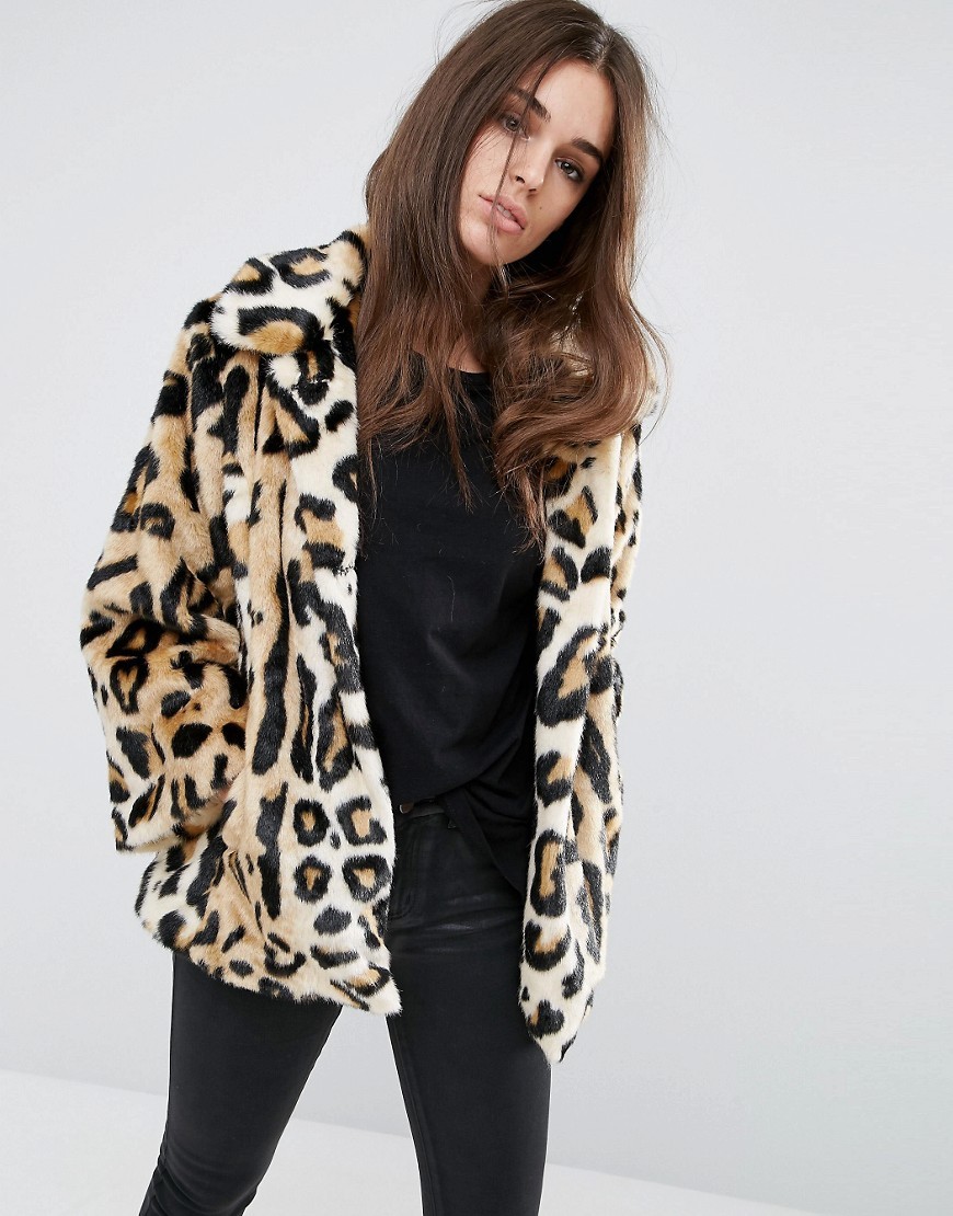 Swing Coat In Leopard Faux Fur Multi - length: below the bottom; fit: loose; collar: standard lapel/rever collar; predominant colour: camel; secondary colour: black; occasions: casual; fibres: acrylic - mix; style: fur coat; sleeve length: long sleeve; sleeve style: standard; texture group: fur; collar break: high; pattern type: fabric; pattern: animal print; multicoloured: multicoloured; season: a/w 2016; wardrobe: highlight
