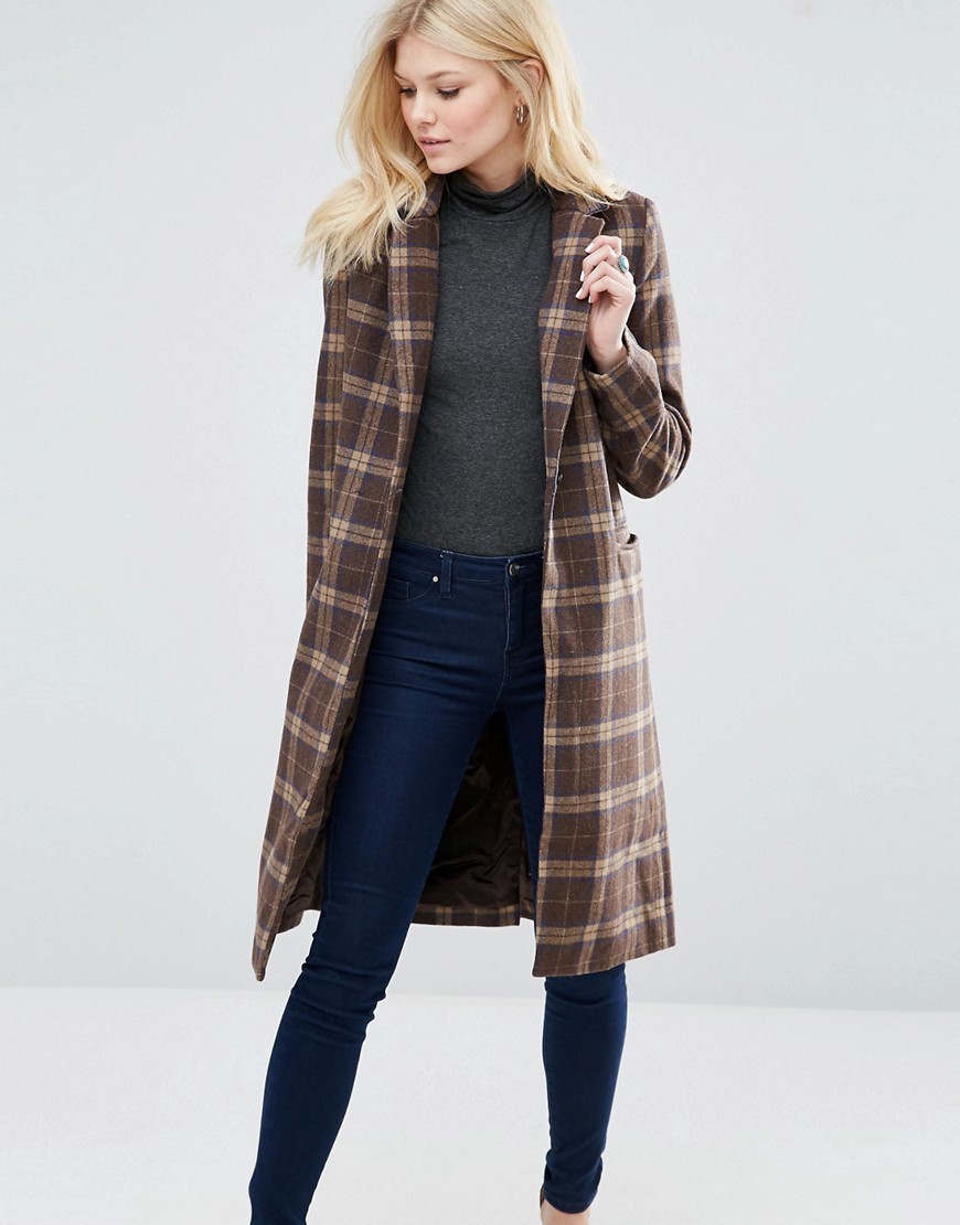 Check Coat Brown Check - pattern: checked/gingham; style: single breasted; length: on the knee; collar: standard lapel/rever collar; secondary colour: ivory/cream; predominant colour: chocolate brown; occasions: casual; fit: tailored/fitted; fibres: wool - mix; sleeve length: long sleeve; sleeve style: standard; collar break: medium; pattern type: fabric; texture group: woven bulky/heavy; multicoloured: multicoloured; season: a/w 2016; wardrobe: highlight