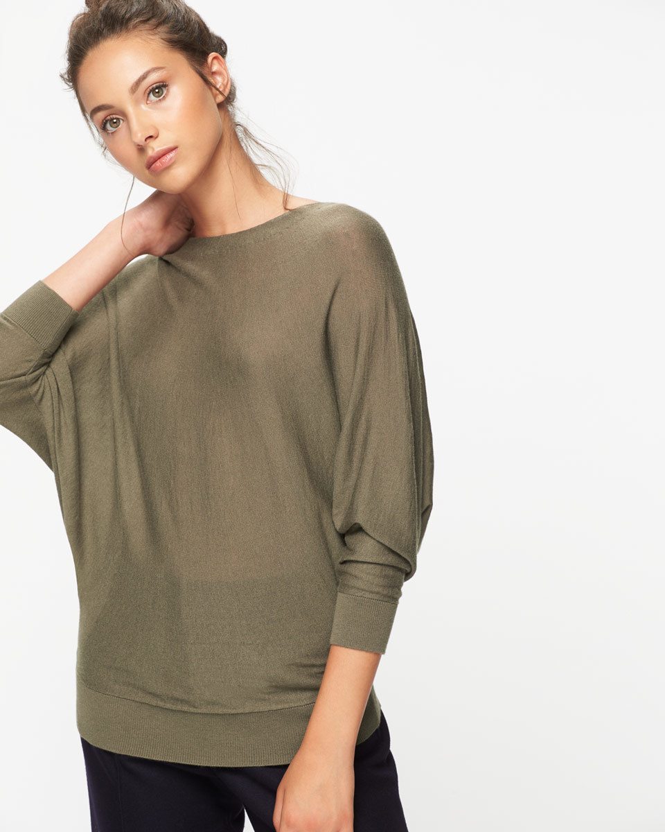 Boat Neck Batwing Jumper - sleeve style: dolman/batwing; pattern: plain; predominant colour: khaki; occasions: casual, creative work; length: standard; style: top; fit: loose; neckline: crew; sleeve length: 3/4 length; texture group: knits/crochet; pattern type: knitted - fine stitch; fibres: viscose/rayon - mix; wardrobe: basic; season: a/w 2016