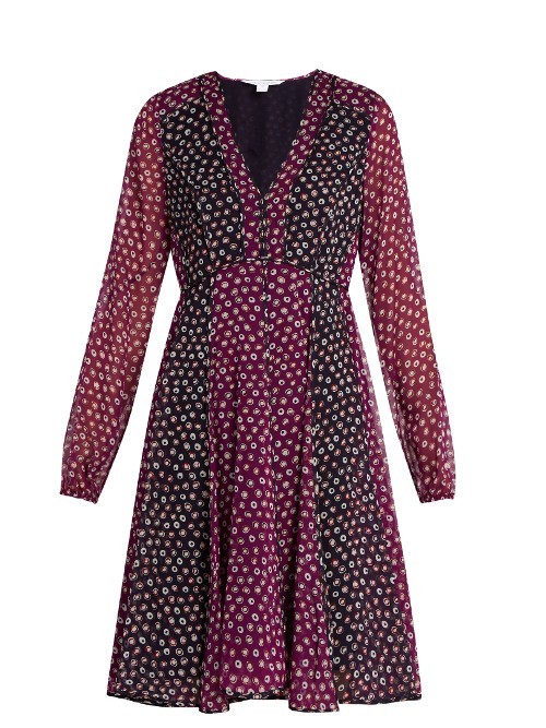 Ivetta Dress - neckline: v-neck; secondary colour: purple; predominant colour: black; occasions: evening; length: on the knee; fit: fitted at waist & bust; style: fit & flare; fibres: silk - 100%; sleeve length: long sleeve; sleeve style: standard; texture group: sheer fabrics/chiffon/organza etc.; pattern type: fabric; pattern: patterned/print; multicoloured: multicoloured; season: a/w 2016; wardrobe: event