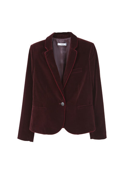 Velvet Blazer - pattern: plain; style: single breasted blazer; collar: standard lapel/rever collar; predominant colour: burgundy; occasions: casual; length: standard; fit: tailored/fitted; fibres: cotton - 100%; sleeve length: long sleeve; sleeve style: standard; collar break: medium; pattern type: fabric; texture group: velvet/fabrics with pile; season: a/w 2016; wardrobe: highlight; trends: velvet