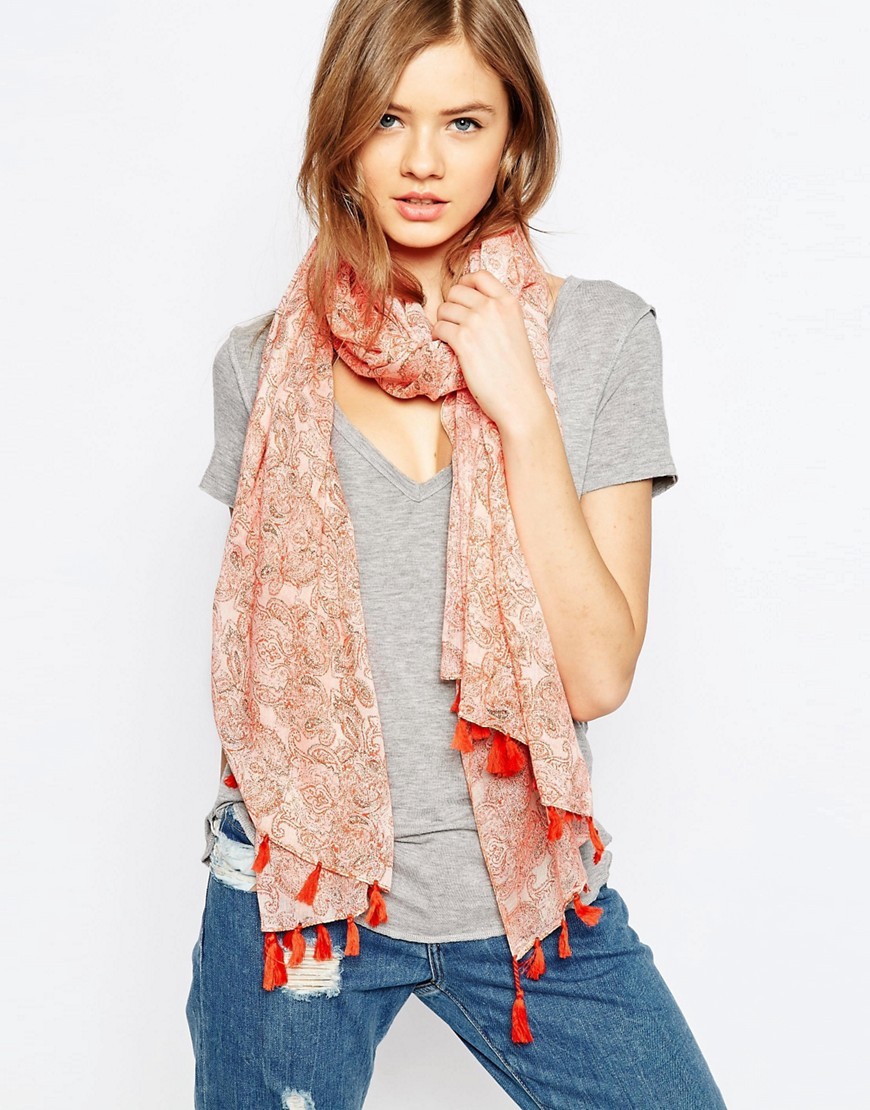 Paisley Folk Print Scarf With Tassels Orange - predominant colour: bright orange; occasions: casual, creative work; type of pattern: heavy; style: regular; size: standard; material: fabric; embellishment: tassels; pattern: paisley; season: a/w 2016; wardrobe: highlight
