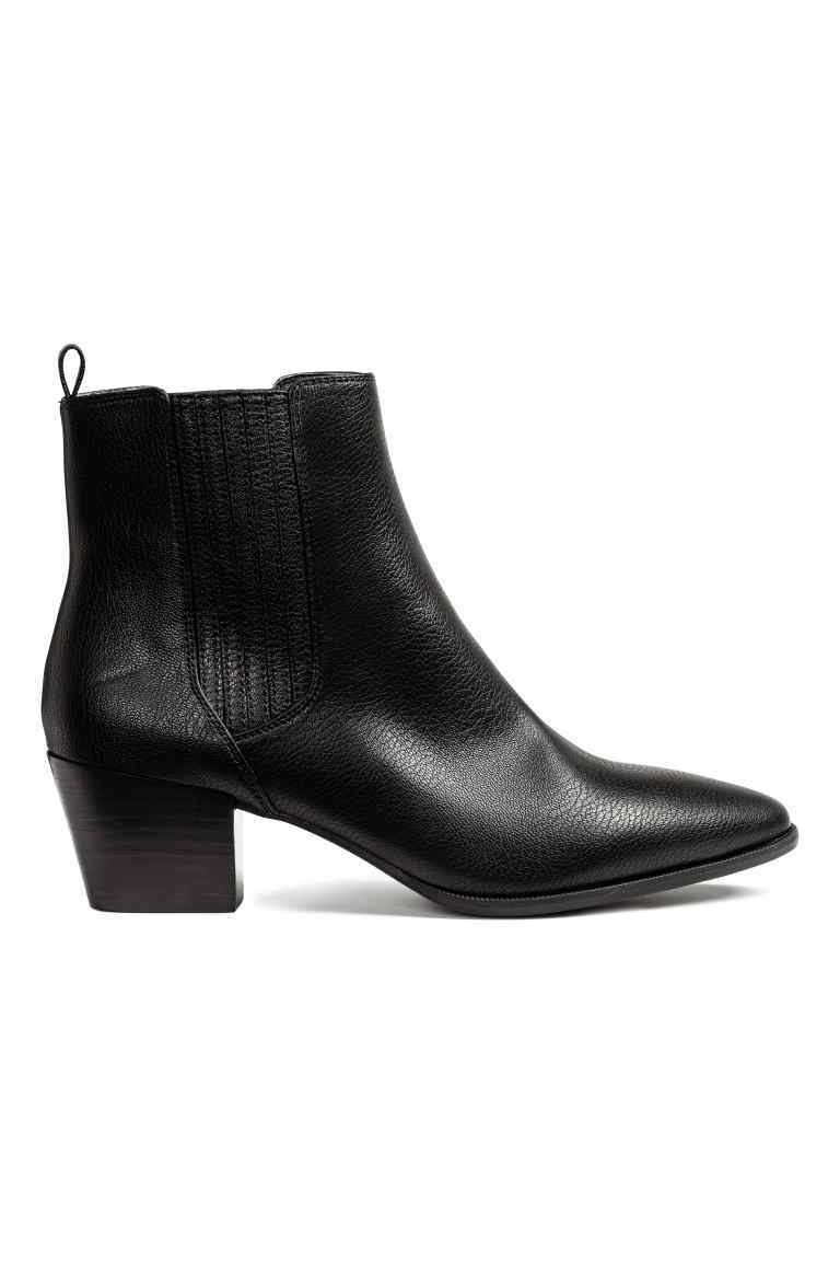 Ankle Boots - predominant colour: black; occasions: casual, creative work; material: faux leather; heel height: mid; heel: block; toe: pointed toe; boot length: ankle boot; finish: plain; pattern: plain; style: chelsea; wardrobe: basic; season: a/w 2016