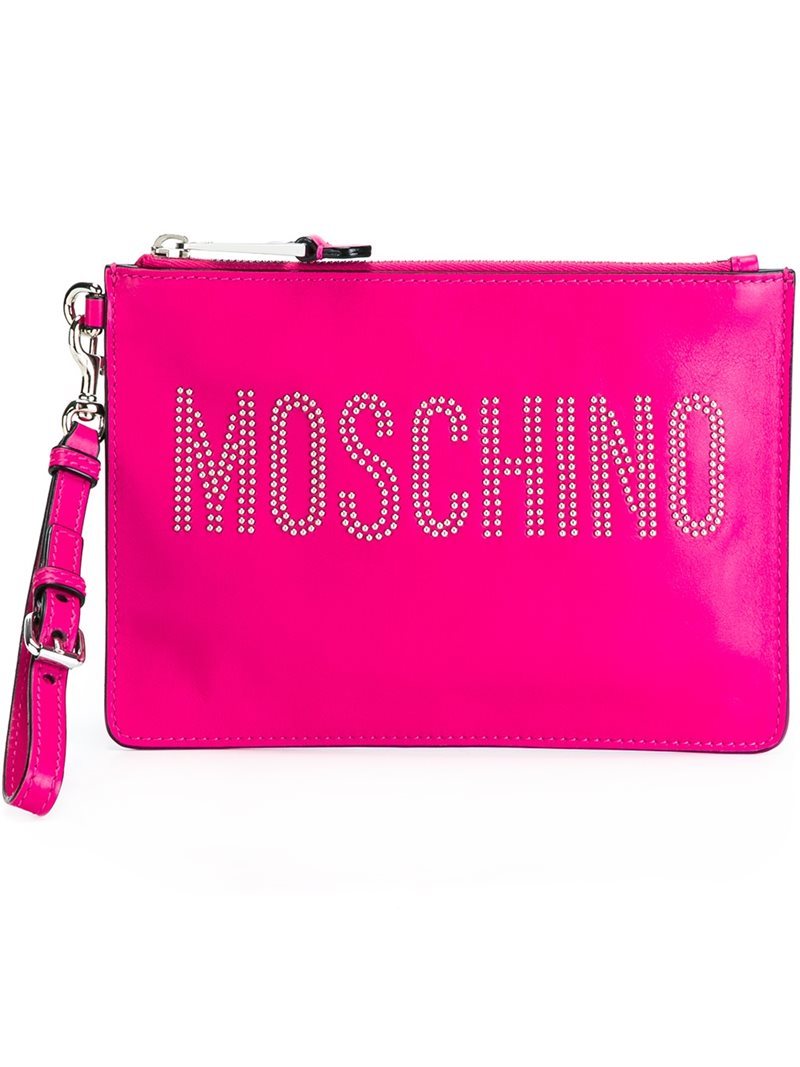 Studded Logo Clutch, Women's, Pink/Purple - predominant colour: hot pink; occasions: evening, occasion; type of pattern: light; style: grab bag; length: hand carry; size: standard; material: leather; embellishment: studs; pattern: plain; finish: plain; season: a/w 2016; wardrobe: event