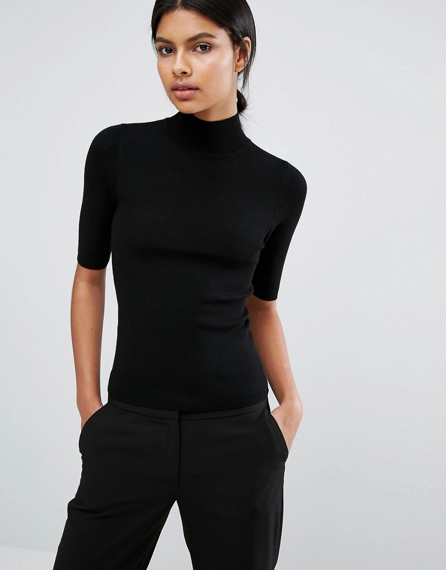 Rib Top With Turtleneck Black - pattern: plain; neckline: high neck; predominant colour: black; occasions: casual; length: standard; style: top; fit: body skimming; sleeve length: half sleeve; sleeve style: standard; texture group: knits/crochet; pattern type: knitted - fine stitch; fibres: viscose/rayon - mix; wardrobe: basic; season: a/w 2016