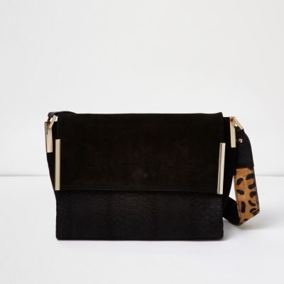 Womens Black Suede Leopard Print Strap Foldover Bag - secondary colour: camel; predominant colour: black; occasions: casual; type of pattern: standard; style: shoulder; length: shoulder (tucks under arm); size: small; material: suede; pattern: animal print; finish: plain; multicoloured: multicoloured; season: a/w 2016; wardrobe: highlight