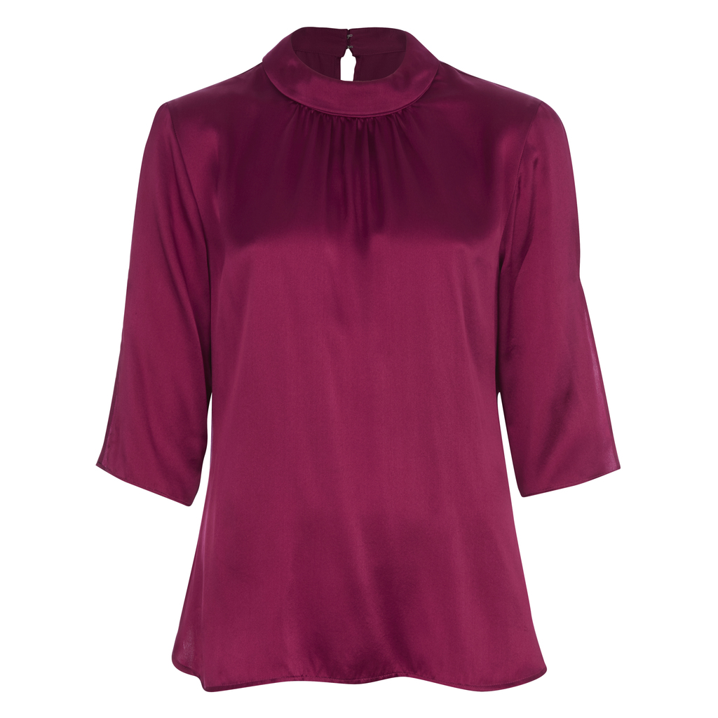 Silk Satin Cold Shoulder Blouse - pattern: plain; neckline: high neck; style: blouse; predominant colour: magenta; occasions: work, occasion; length: standard; fibres: silk - 100%; fit: body skimming; back detail: keyhole/peephole detail at back; sleeve length: 3/4 length; sleeve style: standard; texture group: structured shiny - satin/tafetta/silk etc.; pattern type: fabric; season: a/w 2016; wardrobe: highlight