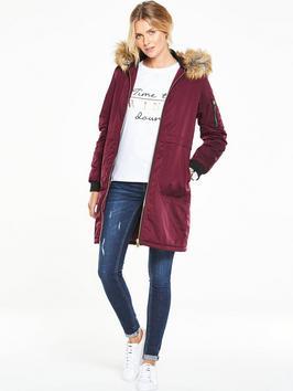 Luxury Bomber Parka Coat - pattern: plain; collar: funnel; fit: loose; style: parka; back detail: hood; length: mid thigh; predominant colour: magenta; secondary colour: camel; occasions: casual, creative work; fibres: polyester/polyamide - 100%; sleeve length: long sleeve; sleeve style: standard; collar break: high; pattern type: fabric; texture group: woven light midweight; embellishment: fur; season: a/w 2016; wardrobe: highlight