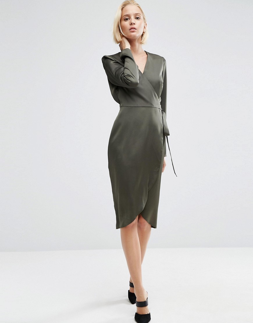 Midi Wrap Dress In Satin Khaki - style: faux wrap/wrap; neckline: v-neck; pattern: plain; predominant colour: khaki; occasions: evening; length: on the knee; fit: body skimming; fibres: polyester/polyamide - 100%; sleeve length: long sleeve; sleeve style: standard; texture group: structured shiny - satin/tafetta/silk etc.; pattern type: fabric; season: a/w 2016; wardrobe: event
