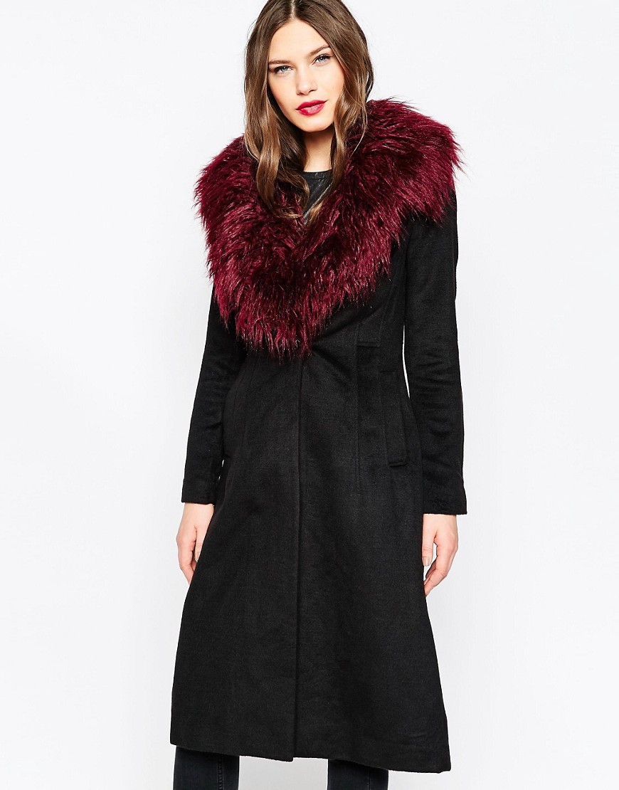 Wonderland Faux Fur Collar Coat Black - pattern: plain; collar: shawl/waterfall; style: wrap around; predominant colour: black; occasions: work, creative work; fit: tailored/fitted; fibres: polyester/polyamide - mix; length: below the knee; sleeve length: long sleeve; sleeve style: standard; collar break: medium; pattern type: fabric; texture group: woven bulky/heavy; embellishment: fur; season: a/w 2016; wardrobe: highlight; embellishment location: neck, shoulder