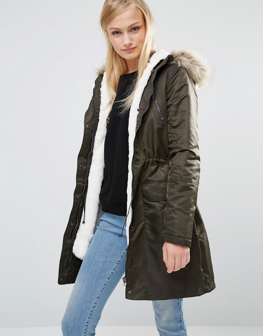 Diana Detachable Lining Parka Khaki - pattern: plain; collar: funnel; fit: loose; style: parka; back detail: hood; length: mid thigh; predominant colour: khaki; occasions: casual; fibres: polyester/polyamide - 100%; sleeve length: long sleeve; sleeve style: standard; texture group: technical outdoor fabrics; collar break: high; pattern type: fabric; embellishment: fur; season: a/w 2016; wardrobe: highlight