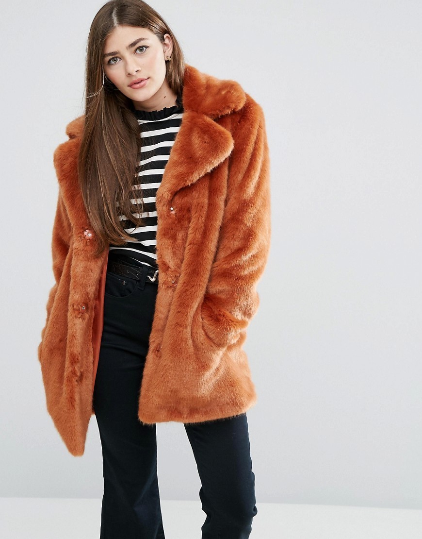 Coat In Chunky Faux Fur Orange - pattern: plain; length: below the bottom; fit: loose; collar: standard lapel/rever collar; predominant colour: bright orange; occasions: casual; fibres: acrylic - mix; style: fur coat; sleeve length: long sleeve; sleeve style: standard; texture group: fur; collar break: medium; pattern type: fabric; season: a/w 2016; wardrobe: highlight
